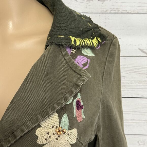 Rebbeca Thomson Embroidered Floral Jacket Medium Olive Green Unique Boho Casual - Picture 4 of 11
